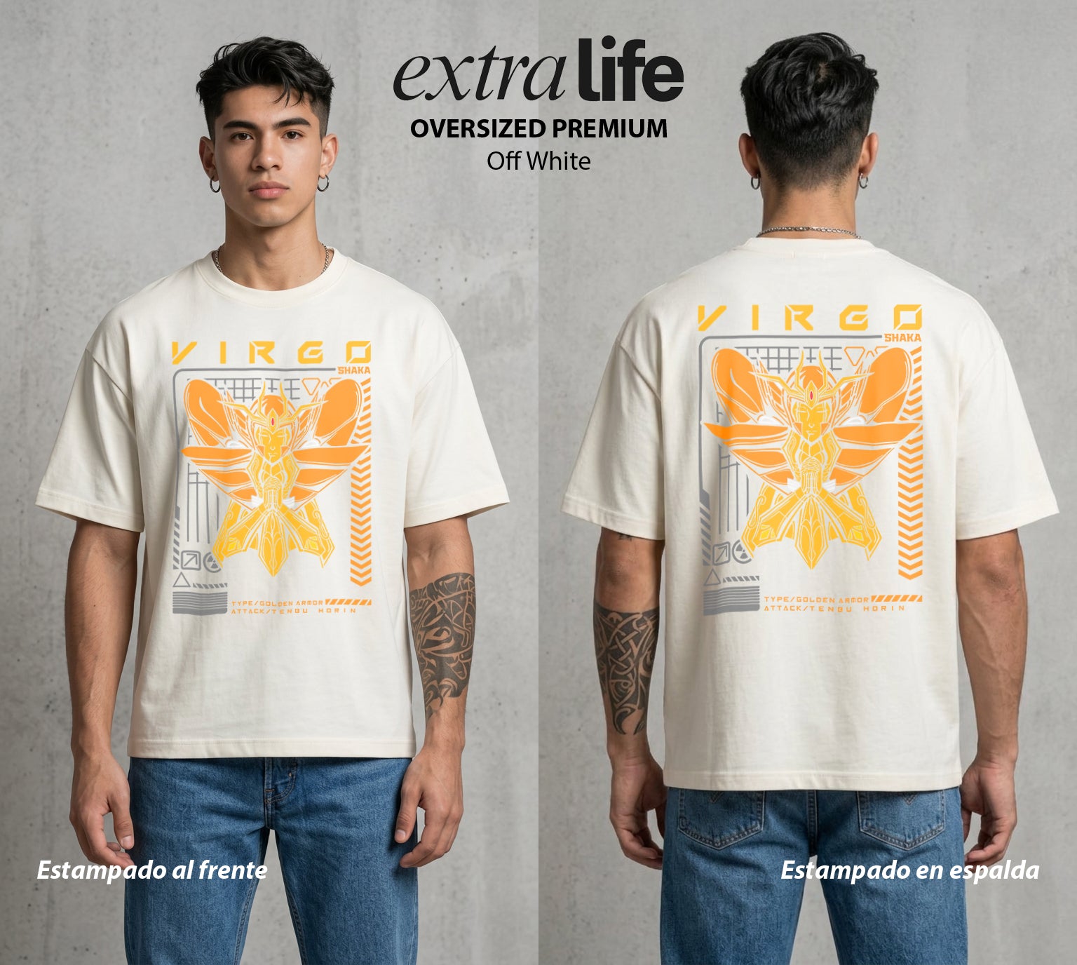 Los Caballeros del Cosmos | El Meteor del Cosmos #03864 - Playera Oversized Premium | Off White - Foto en modelo