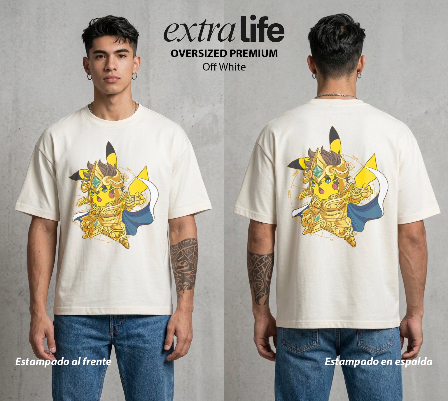 Los Caballeros del Cosmos | El Rayo de Kanto #03867 - Playera Oversized Premium | Off White - Foto en modelo