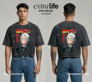 Playera streetwear premium de anime y gaming ExtraLife MX, corte boxy deluxe mineral wash heavyweight en color Acid Wash, moda urbana mexicana de culto.