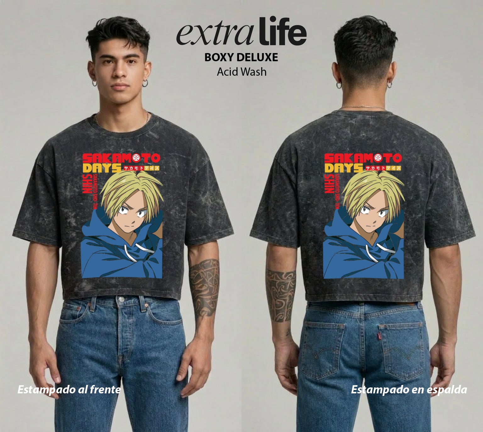 Playera streetwear premium de anime y gaming ExtraLife MX, corte boxy deluxe mineral wash heavyweight en color Acid Wash, moda urbana mexicana de culto.