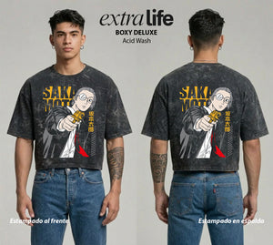 Playera streetwear premium de anime y gaming ExtraLife MX, corte boxy deluxe mineral wash heavyweight en color Acid Wash, moda urbana mexicana de culto.
