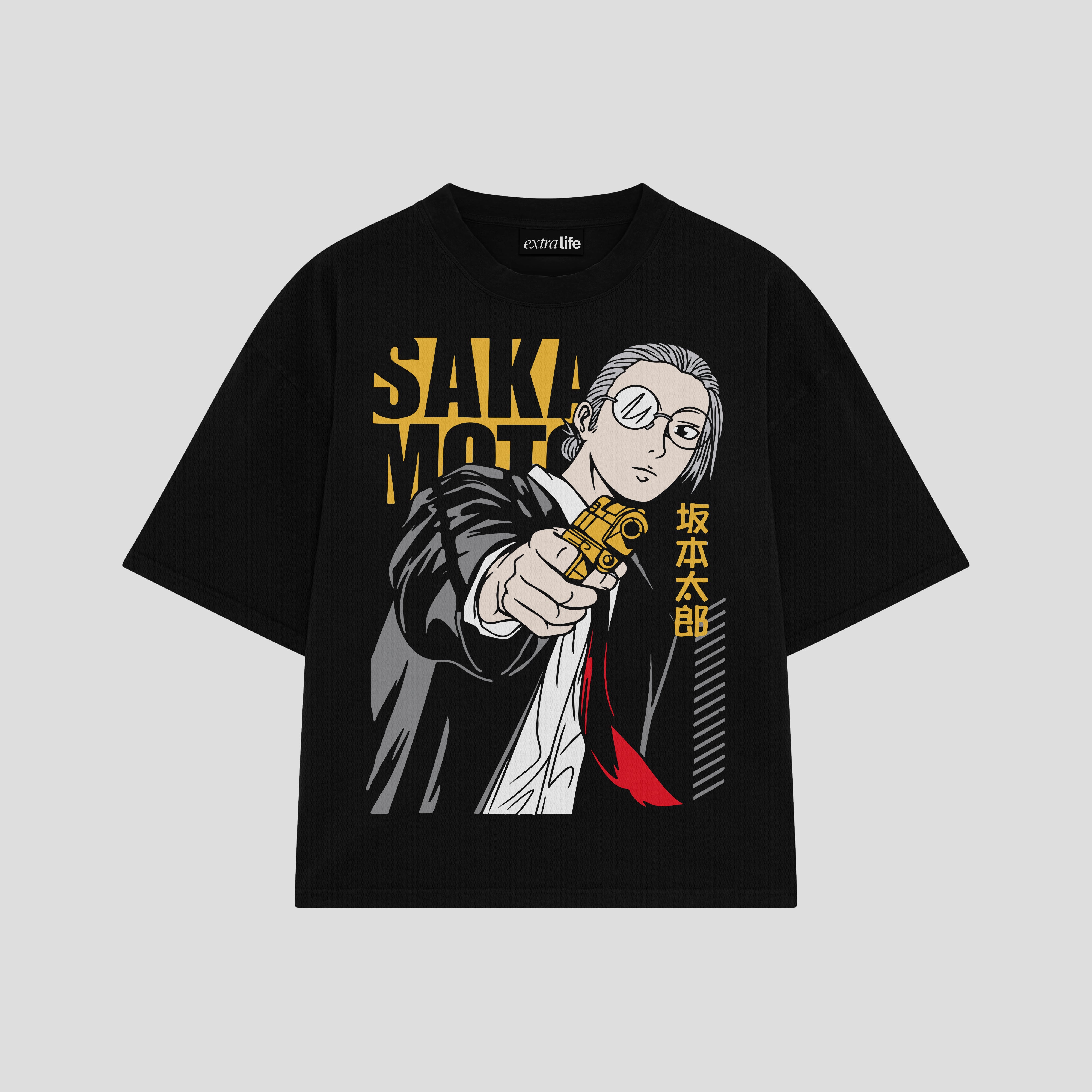 Playera streetwear premium de anime y gaming ExtraLife MX, corte boxy oversized drop shoulder heavyweight en color Deep Black y Off-White, moda urbana mexicana de culto.
