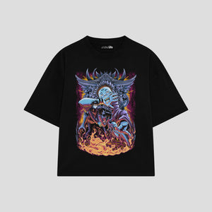 Playera streetwear premium de anime y gaming ExtraLife MX, corte boxy oversized drop shoulder heavyweight en color Deep Black y Off-White, moda urbana mexicana de culto.