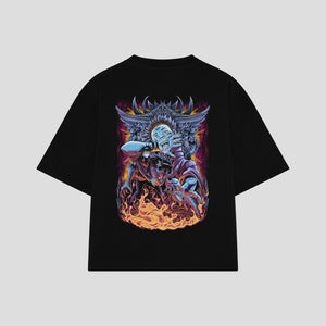 Playera streetwear premium de anime y gaming ExtraLife MX, corte boxy oversized drop shoulder heavyweight en color Deep Black y Off-White, moda urbana mexicana de culto.