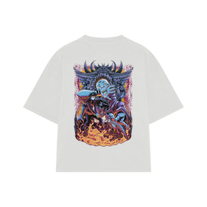 Playera streetwear premium de anime y gaming ExtraLife MX, corte boxy oversized drop shoulder heavyweight en color Deep Black y Off-White, moda urbana mexicana de culto.