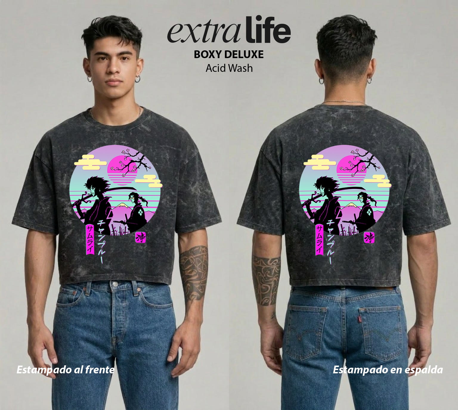 Playera streetwear premium de anime y gaming ExtraLife MX, corte boxy deluxe mineral wash heavyweight en color Acid Wash, moda urbana mexicana de culto.