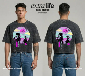 Playera streetwear premium de anime y gaming ExtraLife MX, corte boxy deluxe mineral wash heavyweight en color Acid Wash, moda urbana mexicana de culto.