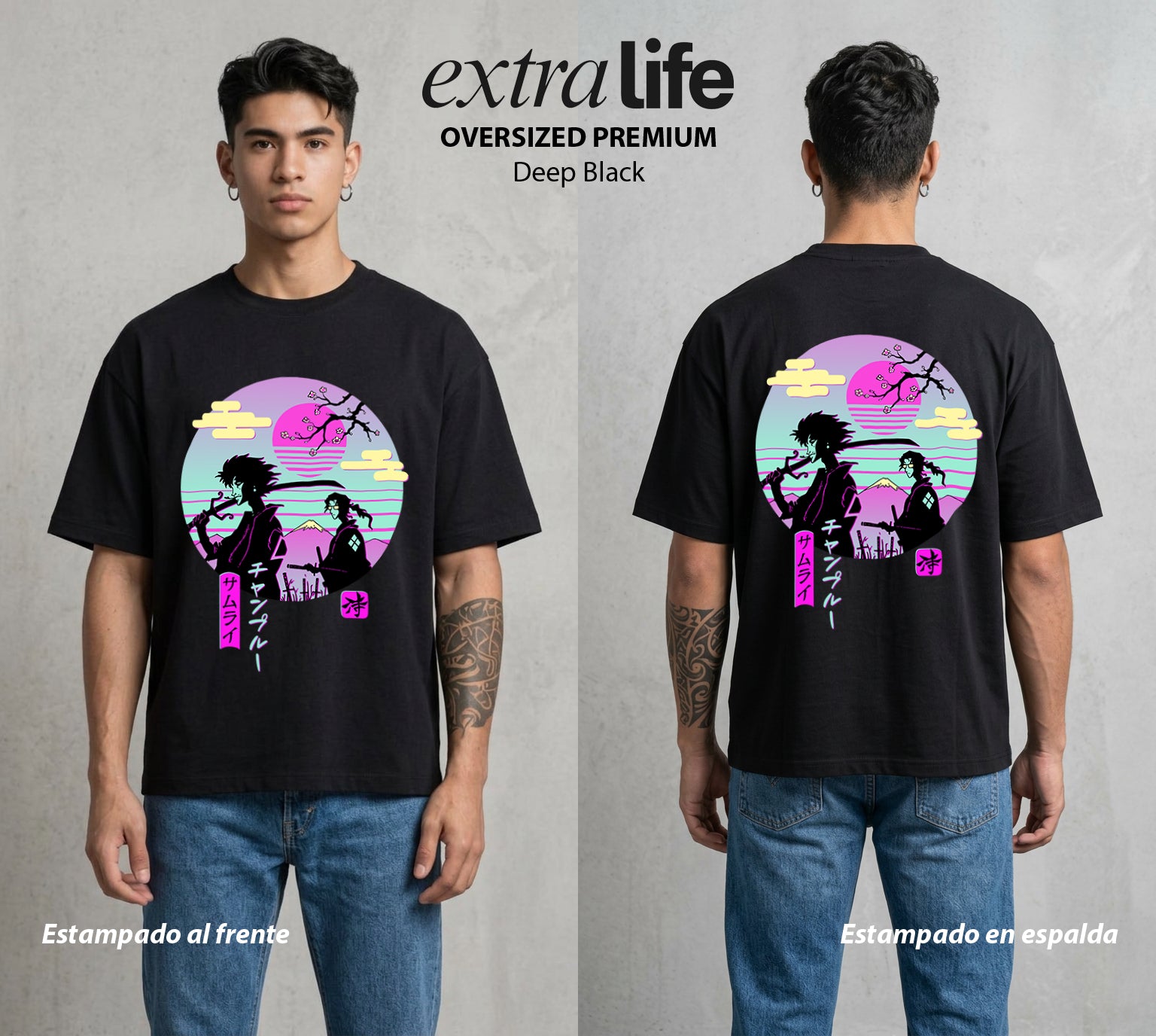 El Espadachin Errante | El Caos y el Orden Samurai #03879 - Playera Oversized Premium | Deep Black - Foto en modelo