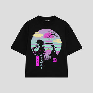 Playera streetwear premium de anime y gaming ExtraLife MX, corte boxy oversized drop shoulder heavyweight en color Deep Black y Off-White, moda urbana mexicana de culto.