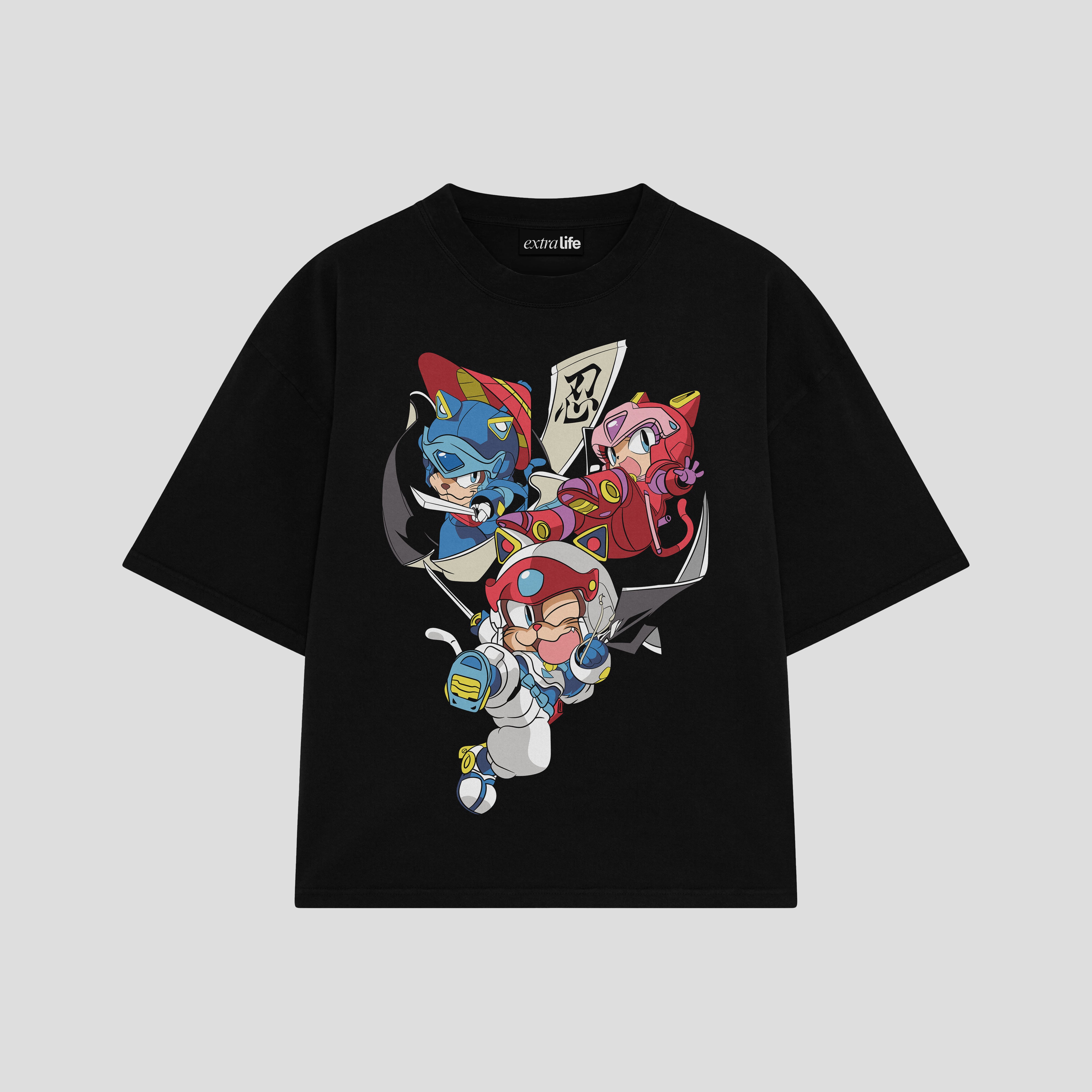 Playera streetwear premium de anime y gaming ExtraLife MX, corte boxy oversized drop shoulder heavyweight en color Deep Black y Off-White, moda urbana mexicana de culto.
