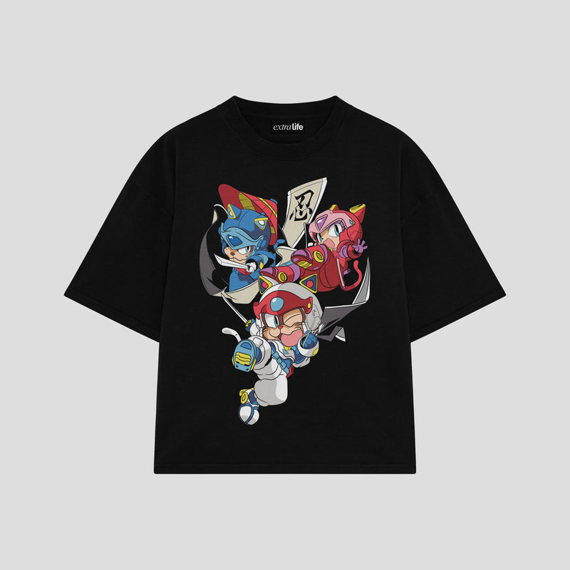 Playera streetwear premium de anime y gaming ExtraLife MX, corte boxy oversized drop shoulder heavyweight en color Deep Black y Off-White, moda urbana mexicana de culto.