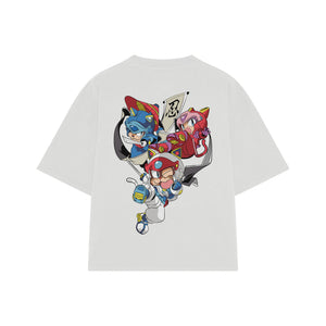 Playera streetwear premium de anime y gaming ExtraLife MX, corte boxy oversized drop shoulder heavyweight en color Deep Black y Off-White, moda urbana mexicana de culto.