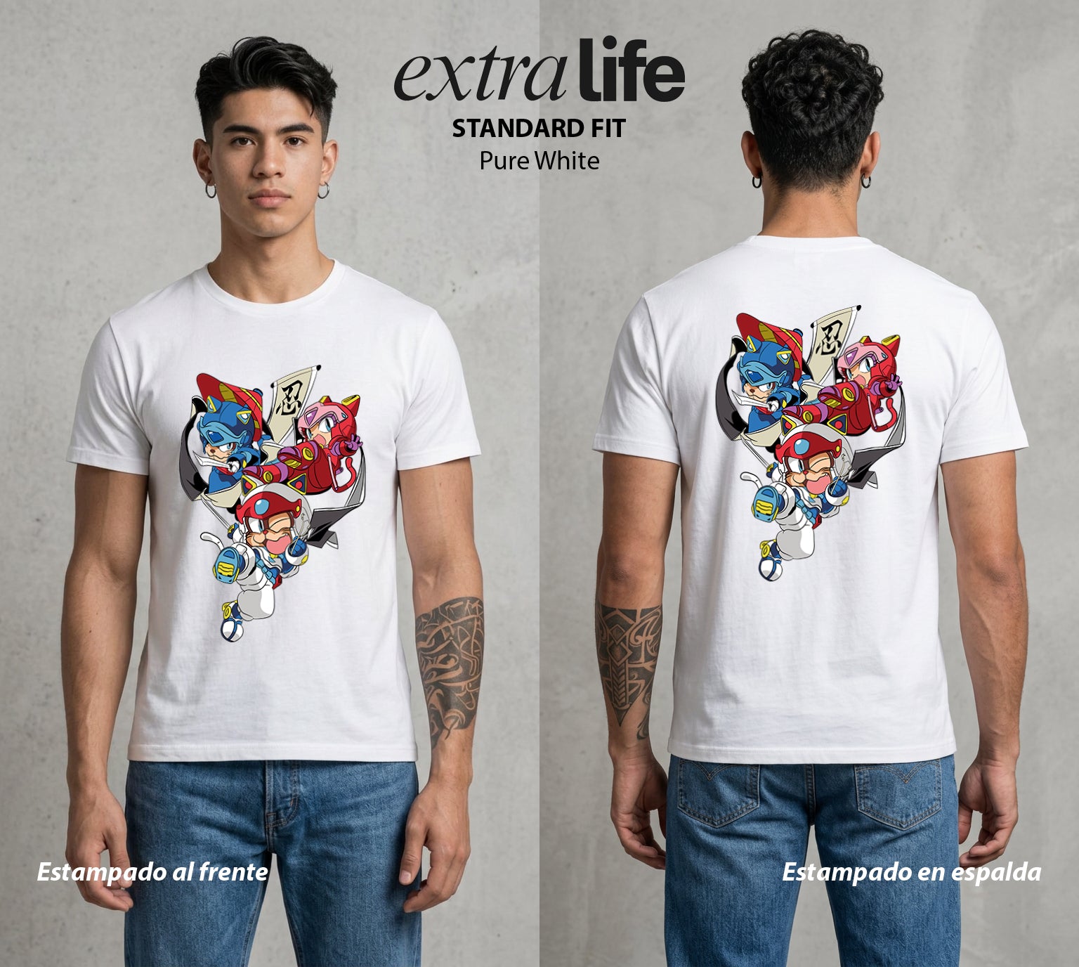 Los Gatos Samurai | Los Gatos del Bien Samurai #03881 - Playera Standard Fit | Pure White - Foto en modelo
