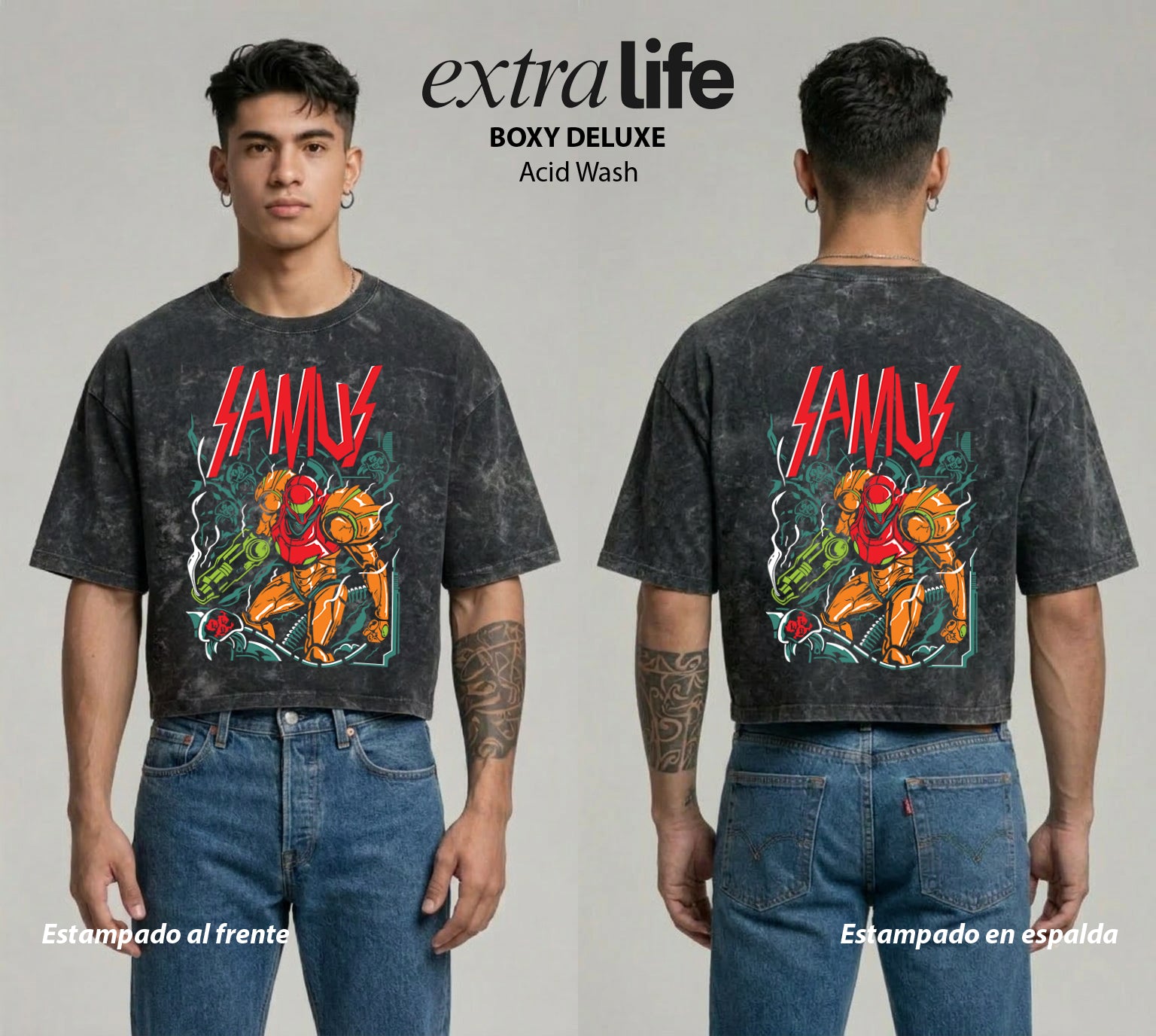 Playera streetwear premium de anime y gaming ExtraLife MX, corte boxy deluxe mineral wash heavyweight en color Acid Wash, moda urbana mexicana de culto.
