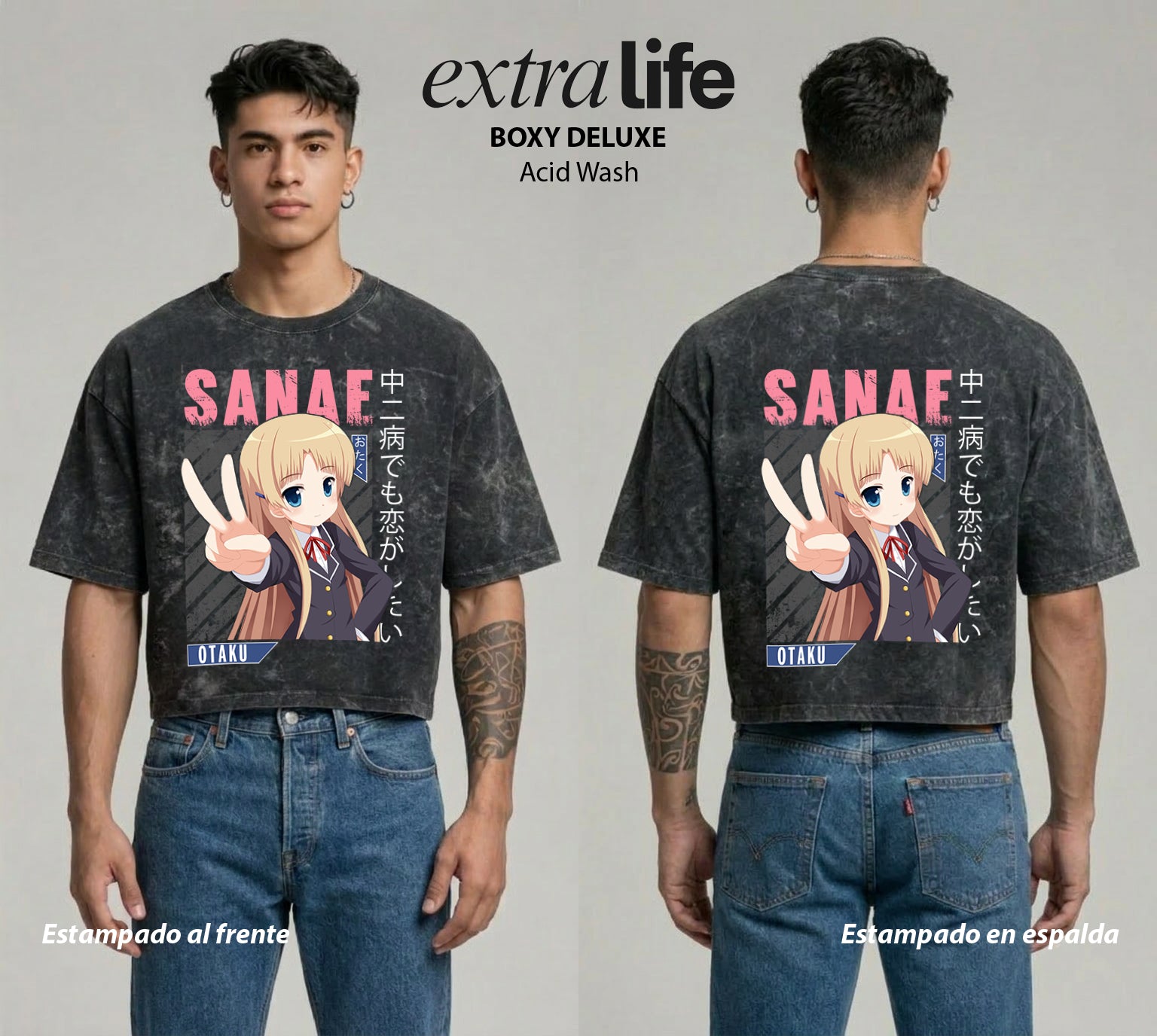 Playera streetwear premium de anime y gaming ExtraLife MX, corte boxy deluxe mineral wash heavyweight en color Acid Wash, moda urbana mexicana de culto.
