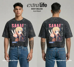 Playera streetwear premium de anime y gaming ExtraLife MX, corte boxy deluxe mineral wash heavyweight en color Acid Wash, moda urbana mexicana de culto.