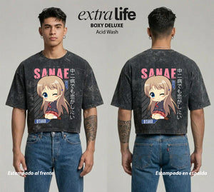 Playera streetwear premium de anime y gaming ExtraLife MX, corte boxy deluxe mineral wash heavyweight en color Acid Wash, moda urbana mexicana de culto.