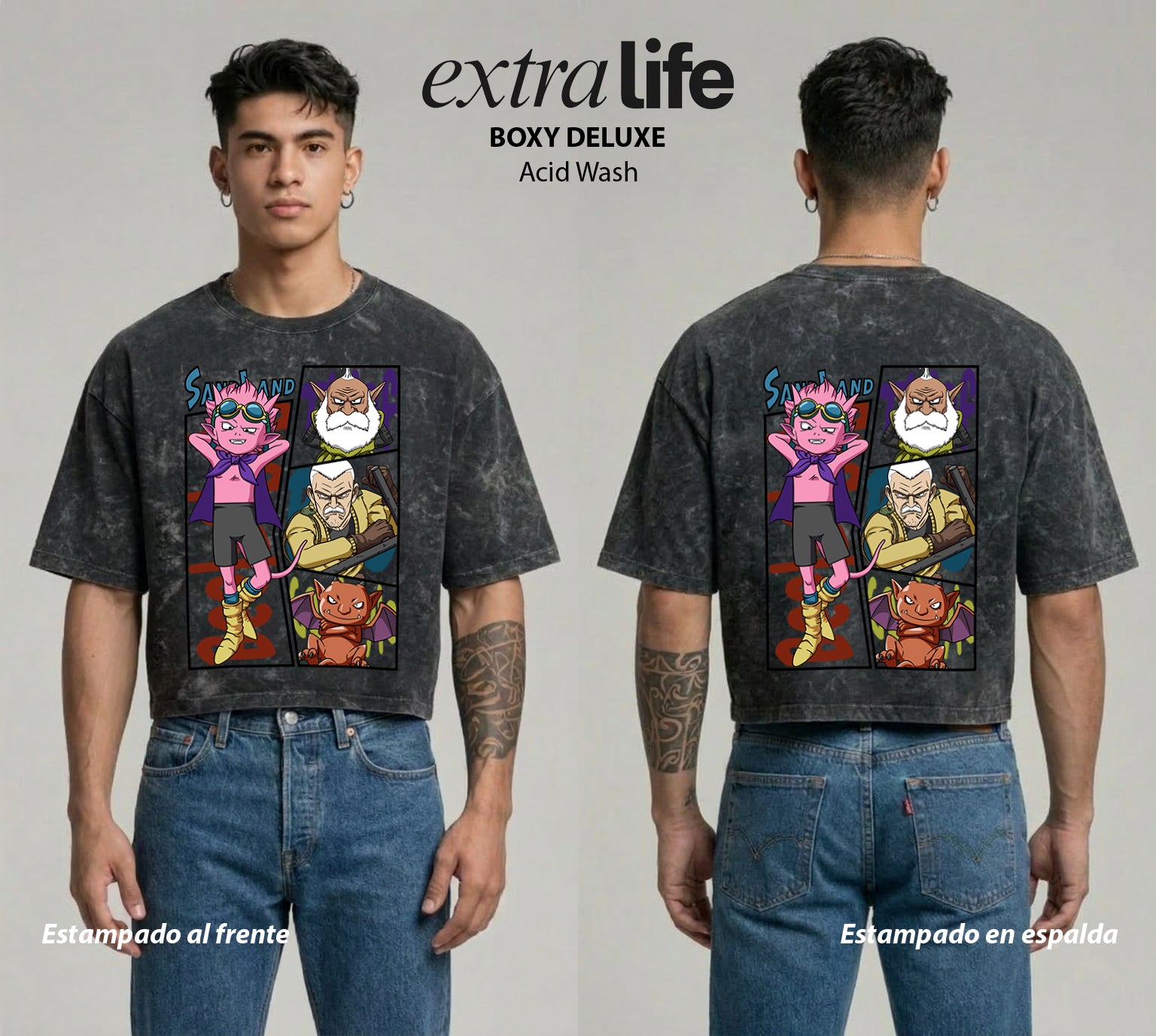 Playera streetwear premium de anime y gaming ExtraLife MX, corte boxy deluxe mineral wash heavyweight en color Acid Wash, moda urbana mexicana de culto.