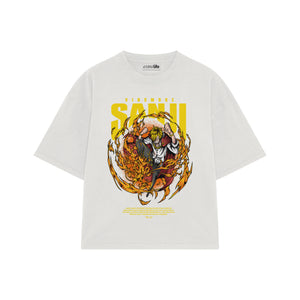 Playera streetwear premium de anime y gaming ExtraLife MX, corte boxy oversized drop shoulder heavyweight en color Deep Black y Off-White, moda urbana mexicana de culto.