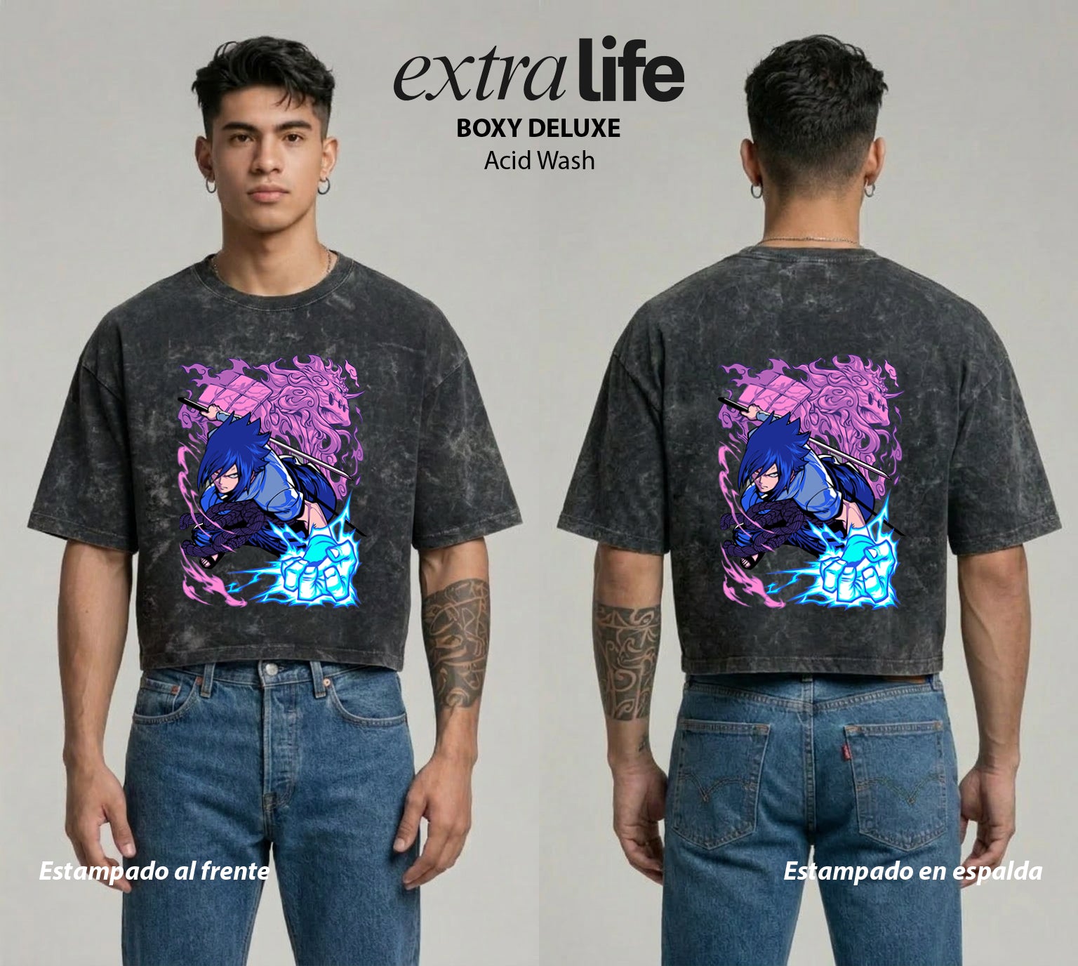 Playera streetwear premium de anime y gaming ExtraLife MX, corte boxy deluxe mineral wash heavyweight en color Acid Wash, moda urbana mexicana de culto.