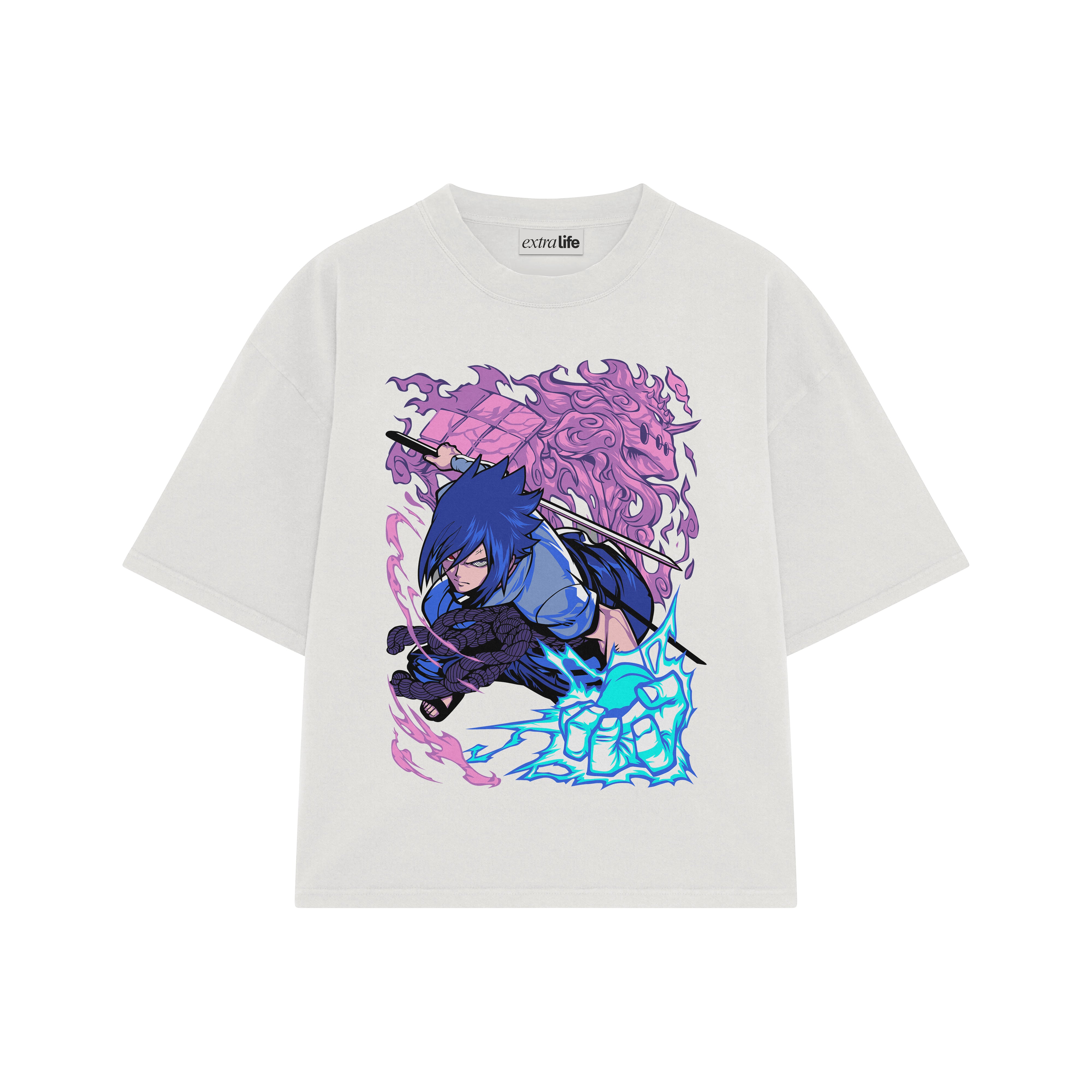 Playera streetwear premium de anime y gaming ExtraLife MX, corte boxy oversized drop shoulder heavyweight en color Deep Black y Off-White, moda urbana mexicana de culto.