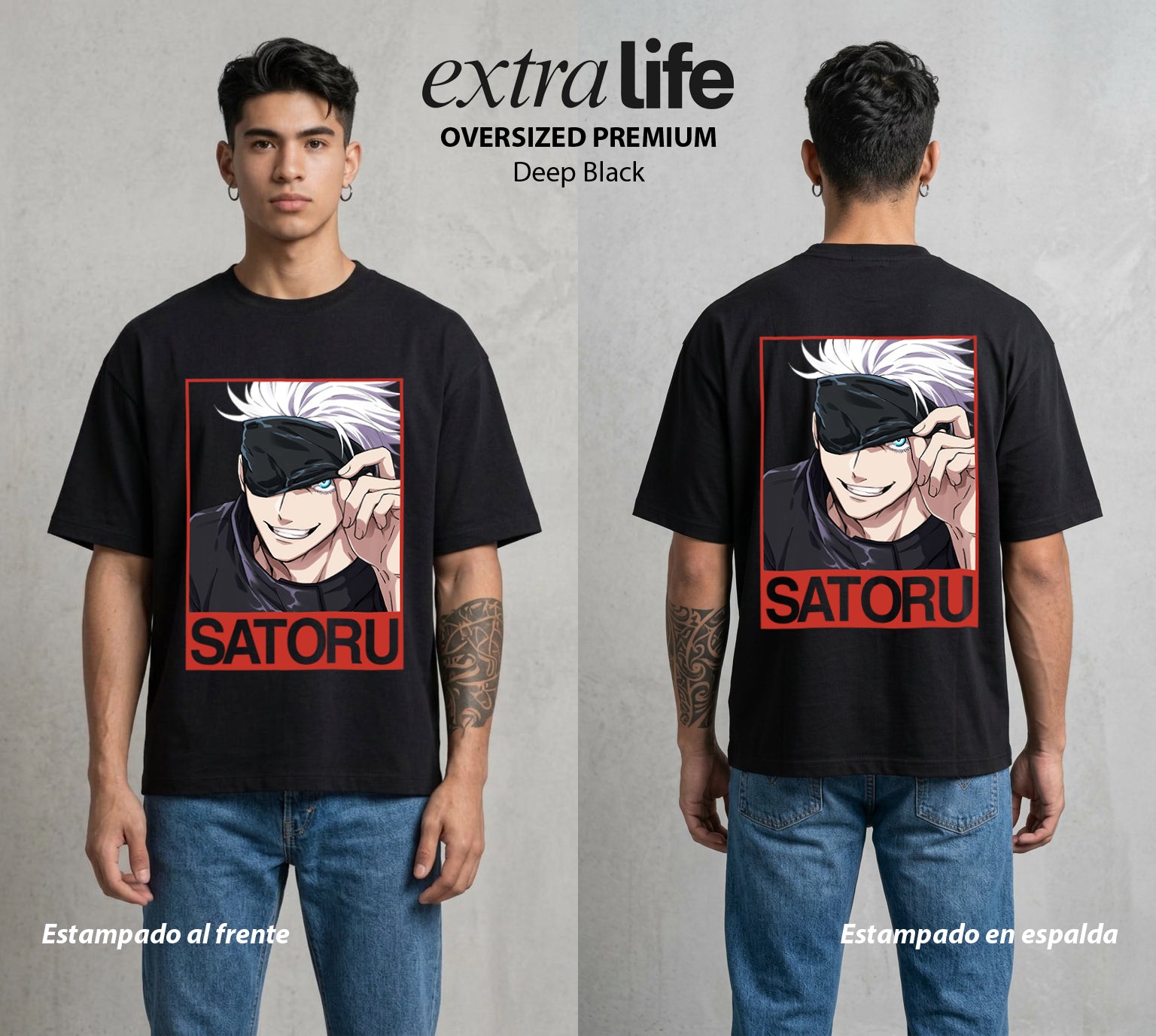 El Arte de las Maldiciones | Los Seis Ojos del Maestro #03894 - Playera Oversized Premium | Deep Black - Foto en modelo