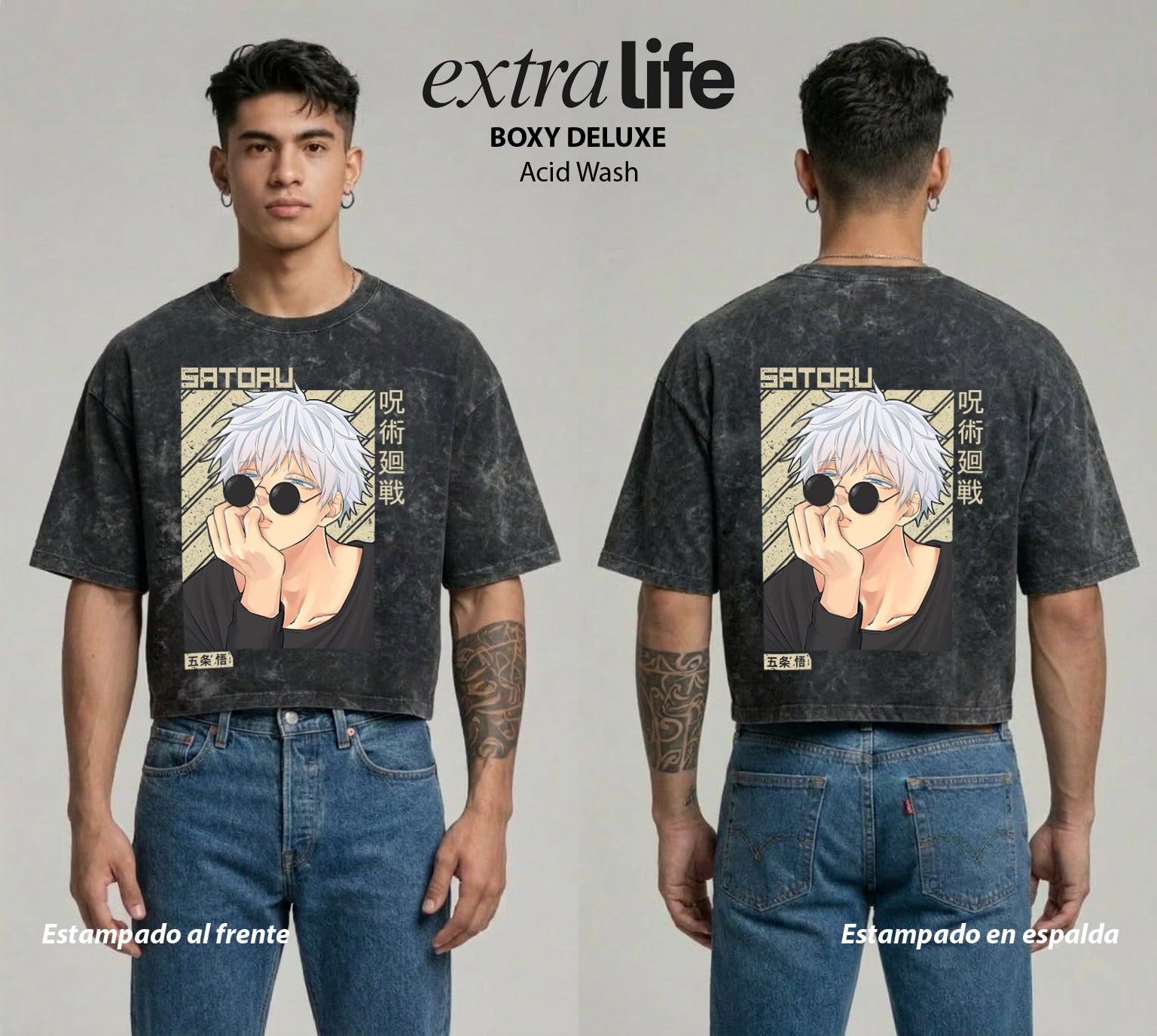 Playera streetwear premium de anime y gaming ExtraLife MX, corte boxy deluxe mineral wash heavyweight en color Acid Wash, moda urbana mexicana de culto.