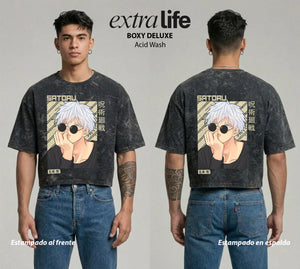 Playera streetwear premium de anime y gaming ExtraLife MX, corte boxy deluxe mineral wash heavyweight en color Acid Wash, moda urbana mexicana de culto.