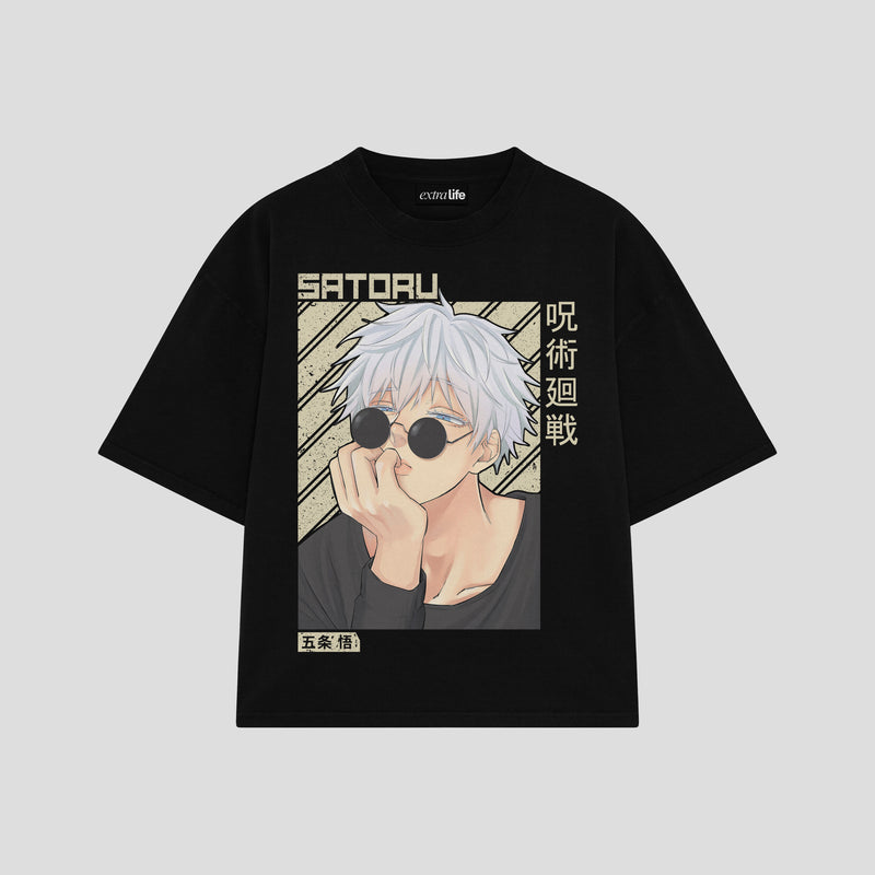 Playera streetwear premium de anime y gaming ExtraLife MX, corte boxy oversized drop shoulder heavyweight en color Deep Black y Off-White, moda urbana mexicana de culto.