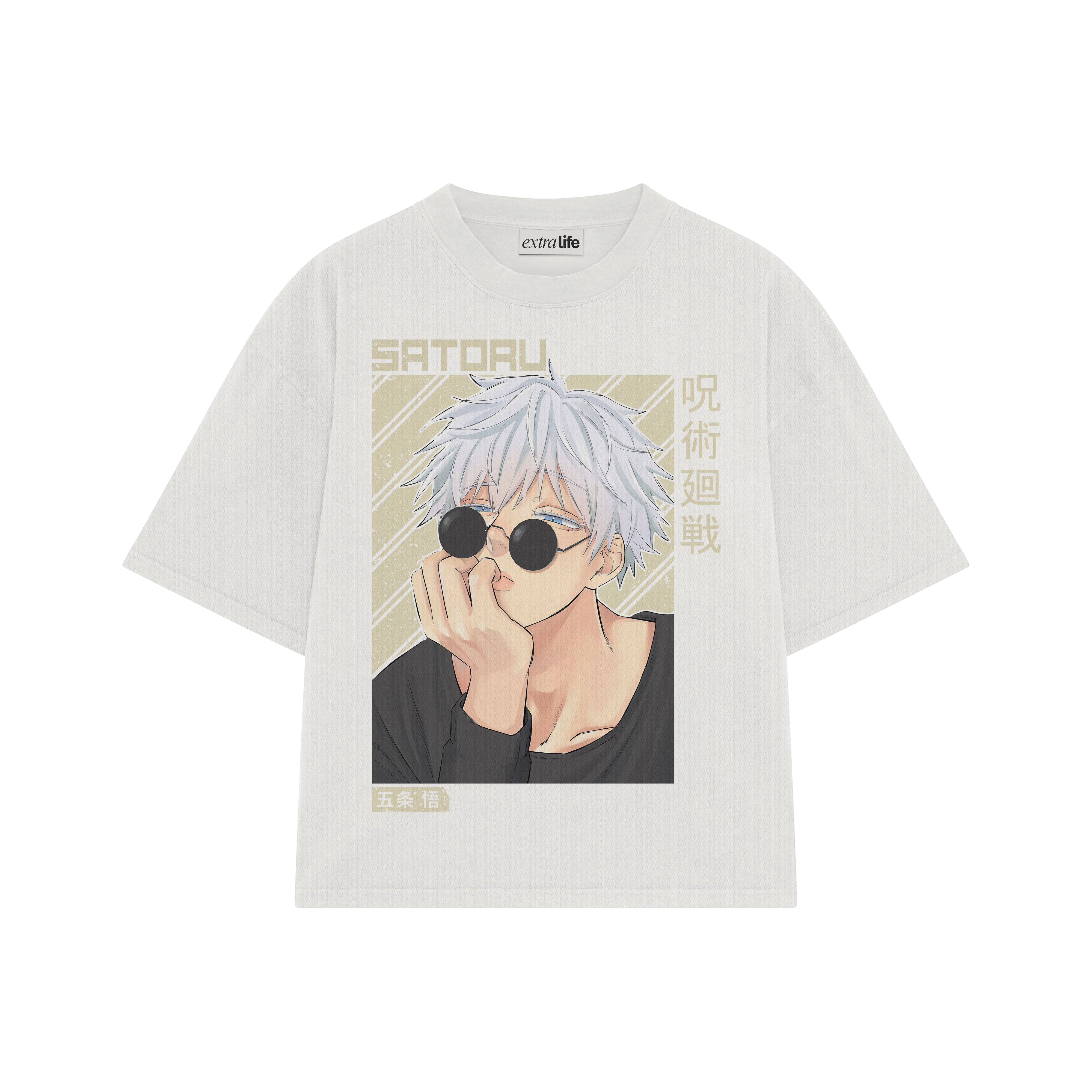 Playera streetwear premium de anime y gaming ExtraLife MX, corte boxy oversized drop shoulder heavyweight en color Deep Black y Off-White, moda urbana mexicana de culto.