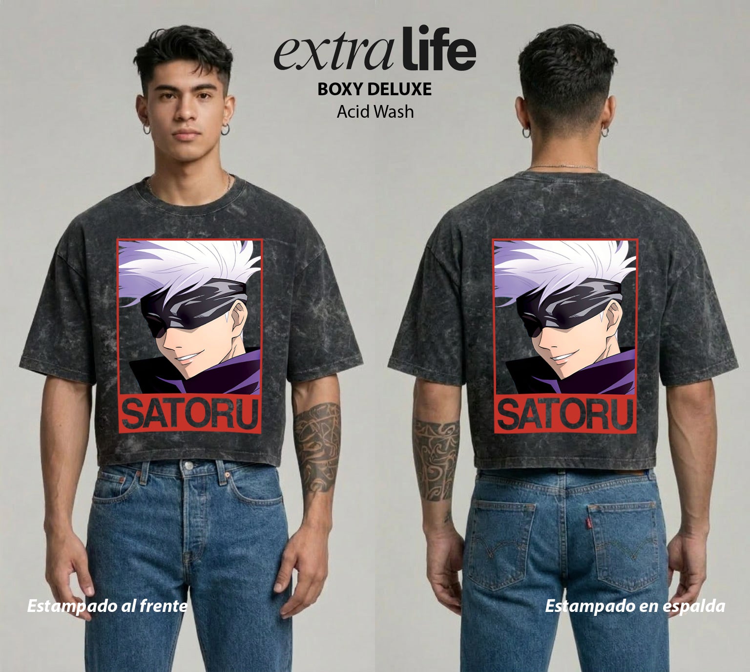 Playera streetwear premium de anime y gaming ExtraLife MX, corte boxy deluxe mineral wash heavyweight en color Acid Wash, moda urbana mexicana de culto.