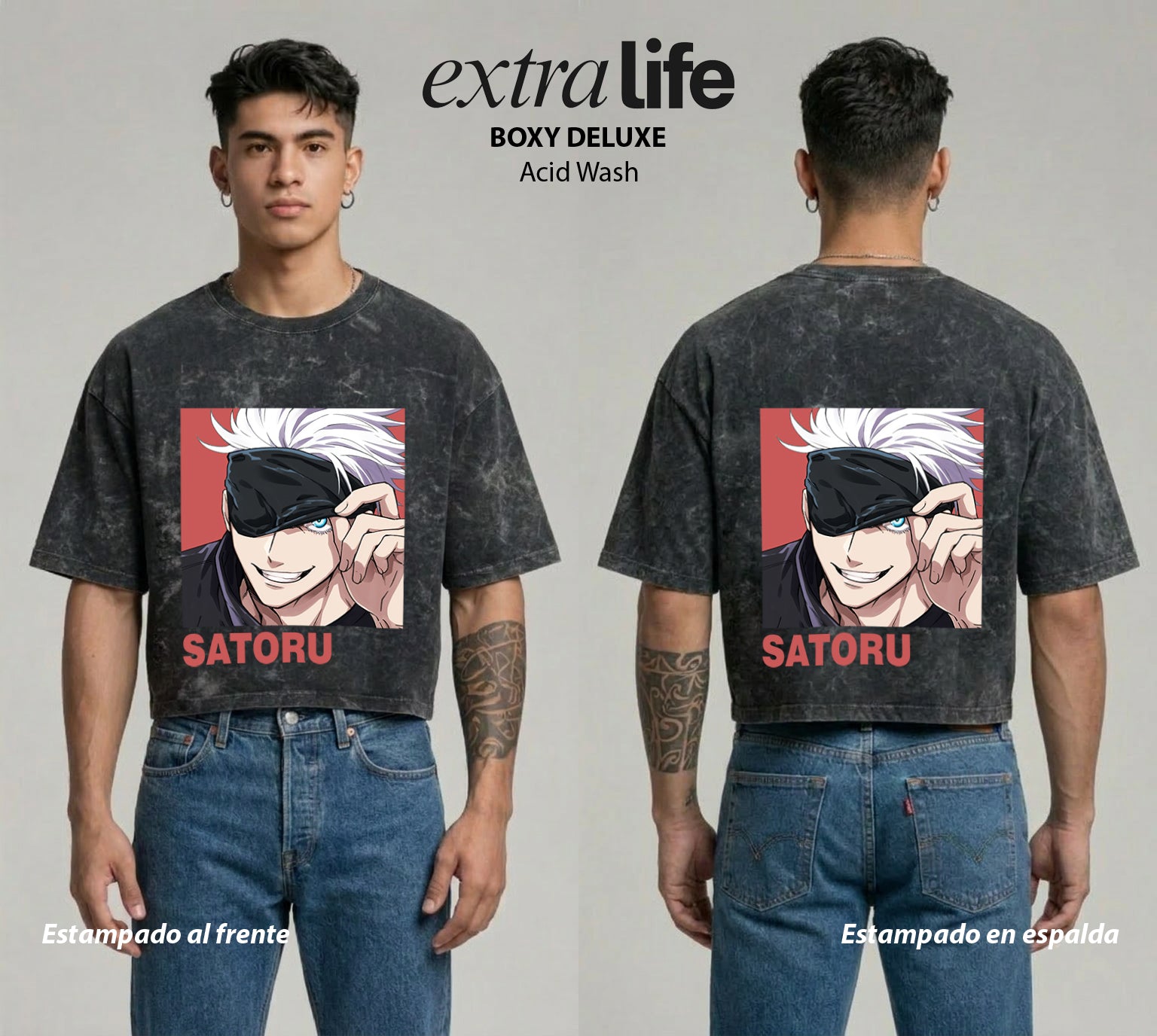 Playera streetwear premium de anime y gaming ExtraLife MX, corte boxy deluxe mineral wash heavyweight en color Acid Wash, moda urbana mexicana de culto.