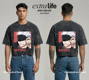 Playera streetwear premium de anime y gaming ExtraLife MX, corte boxy deluxe mineral wash heavyweight en color Acid Wash, moda urbana mexicana de culto.