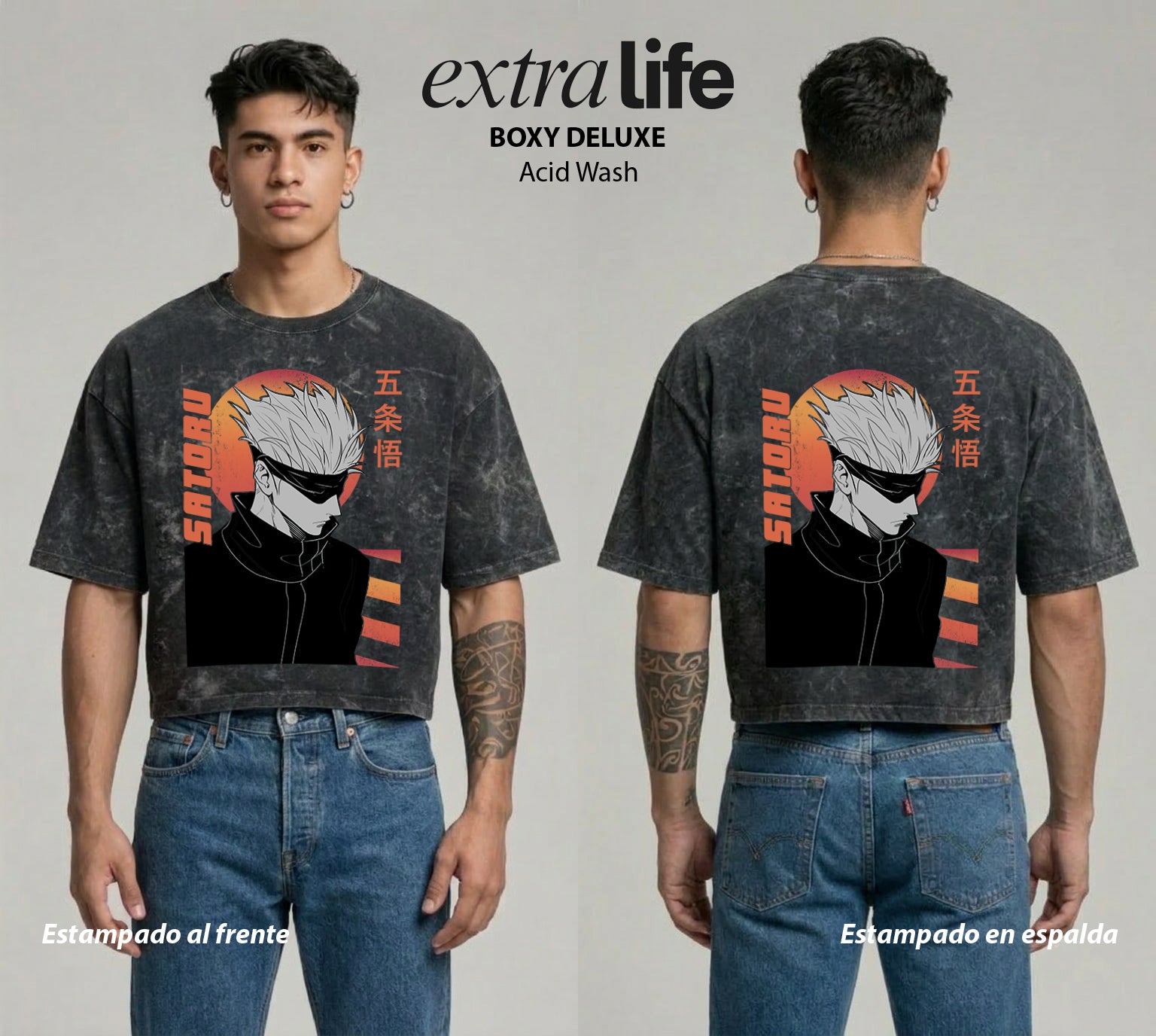 Playera streetwear premium de anime y gaming ExtraLife MX, corte boxy deluxe mineral wash heavyweight en color Acid Wash, moda urbana mexicana de culto.