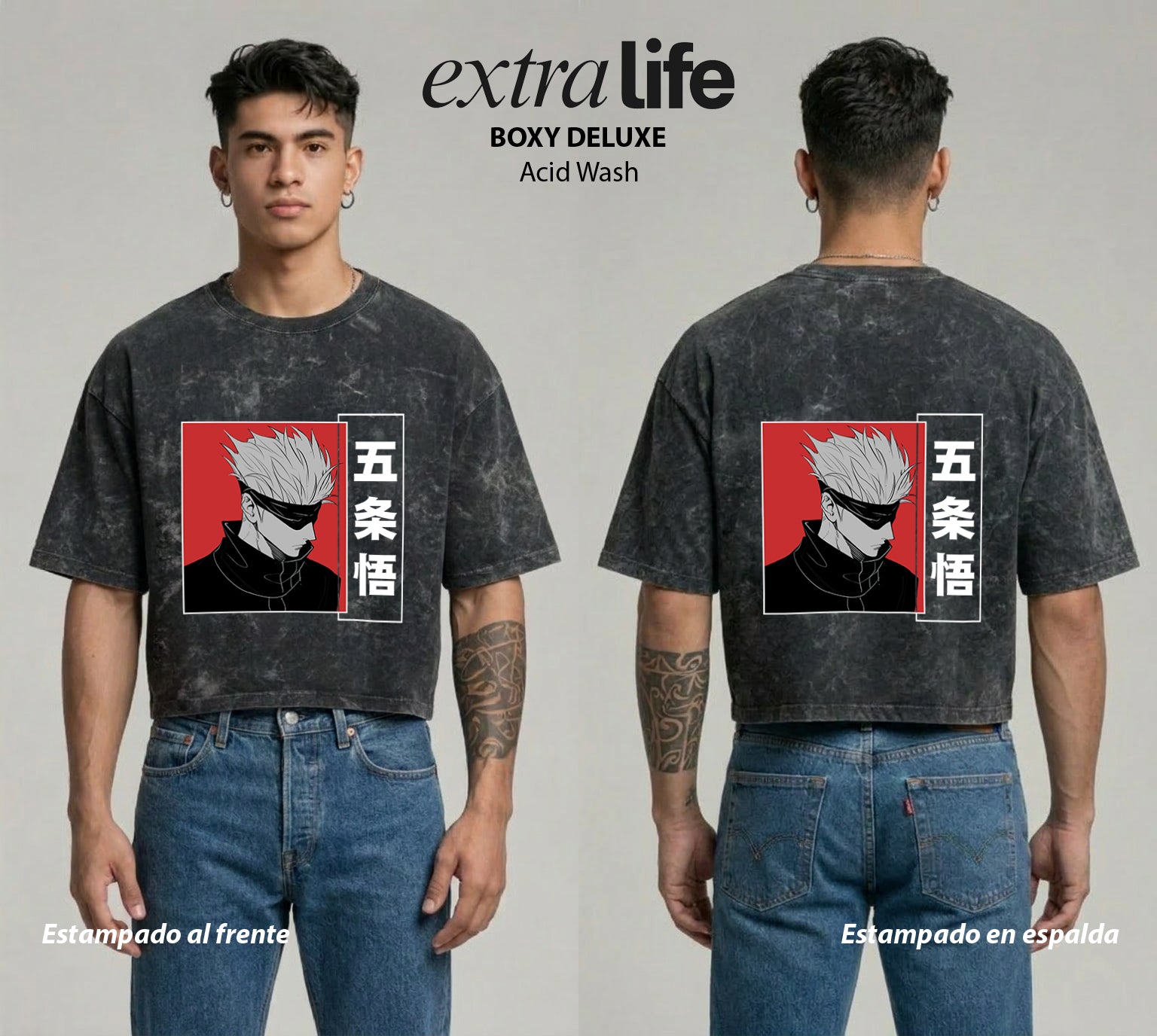Playera streetwear premium de anime y gaming ExtraLife MX, corte boxy deluxe mineral wash heavyweight en color Acid Wash, moda urbana mexicana de culto.