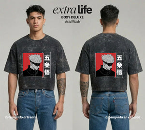 Playera streetwear premium de anime y gaming ExtraLife MX, corte boxy deluxe mineral wash heavyweight en color Acid Wash, moda urbana mexicana de culto.