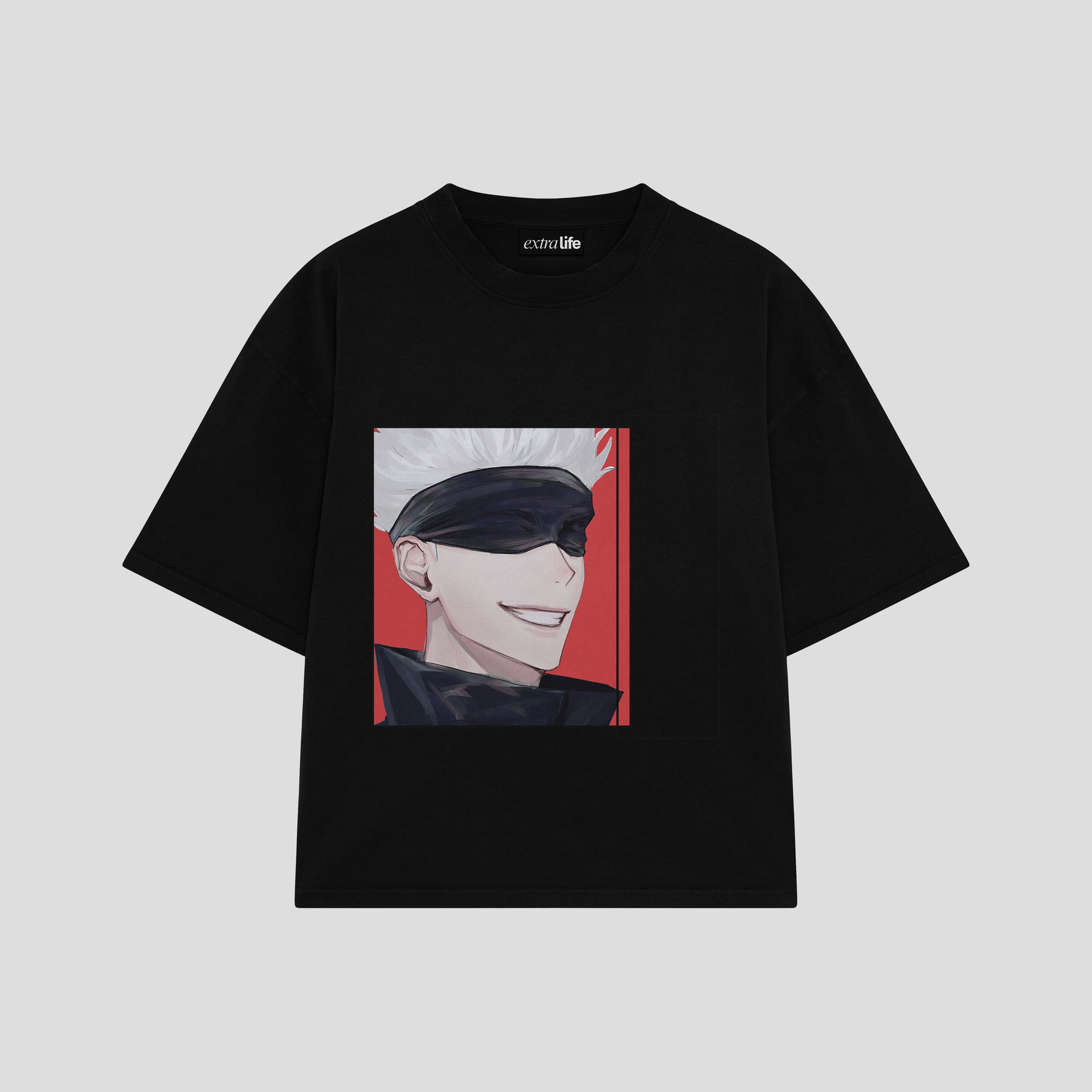 Playera streetwear premium de anime y gaming ExtraLife MX, corte boxy oversized drop shoulder heavyweight en color Deep Black y Off-White, moda urbana mexicana de culto.