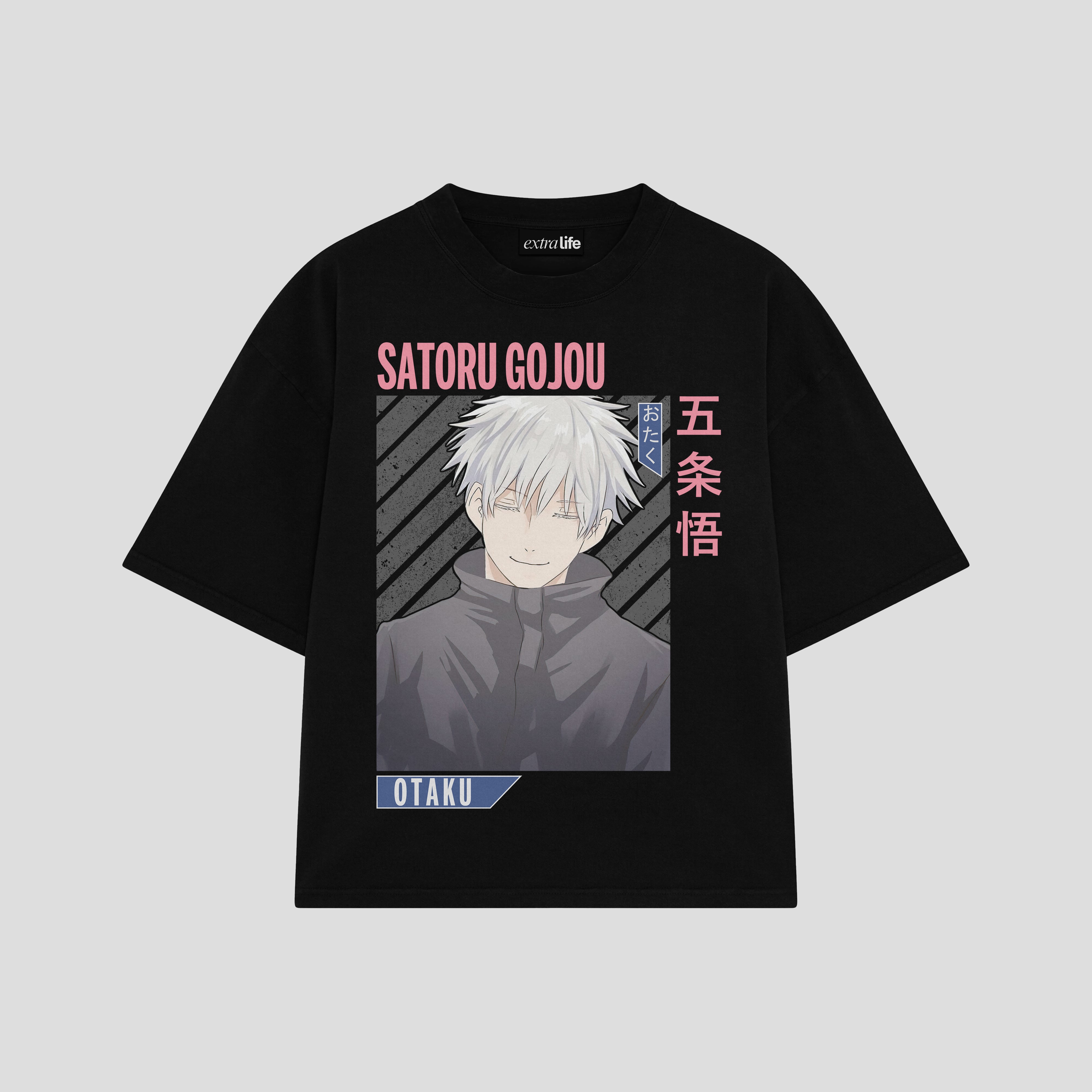 Playera streetwear premium de anime y gaming ExtraLife MX, corte boxy oversized drop shoulder heavyweight en color Deep Black y Off-White, moda urbana mexicana de culto.