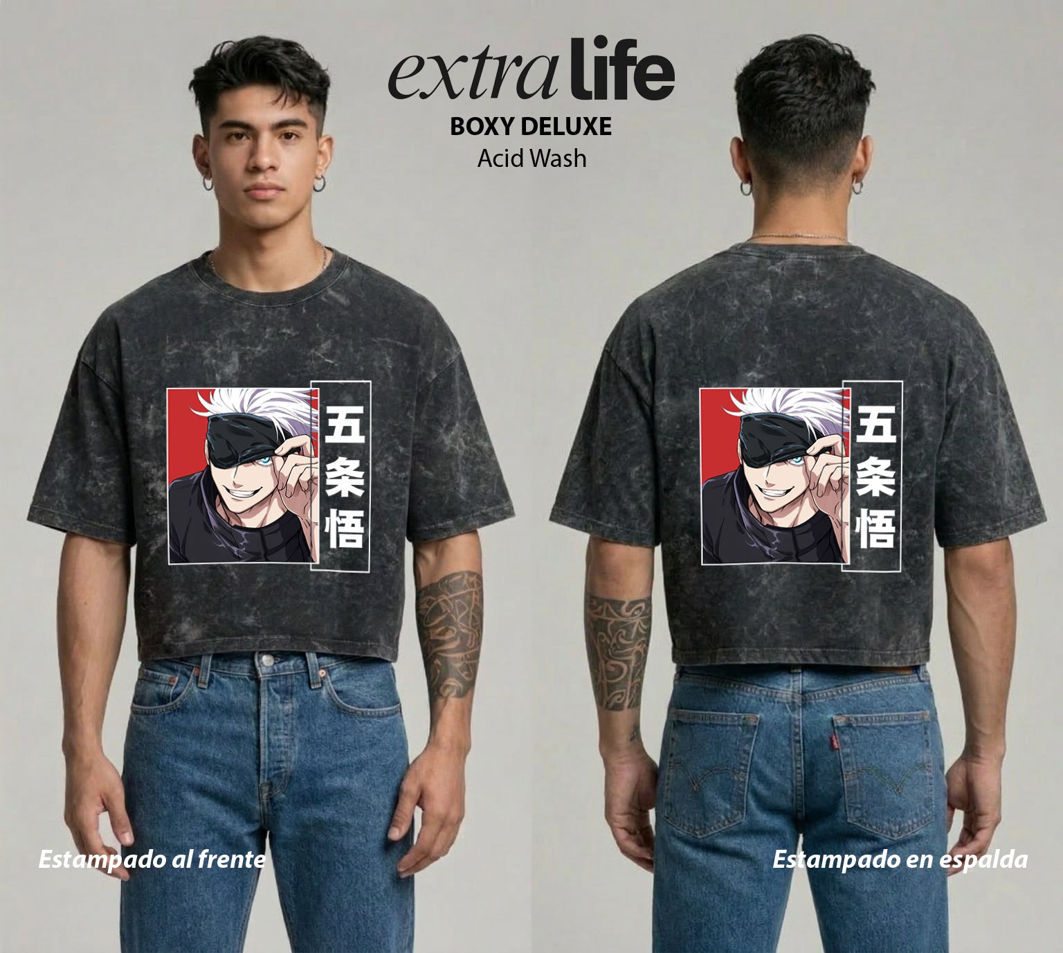 Playera streetwear premium de anime y gaming ExtraLife MX, corte boxy deluxe mineral wash heavyweight en color Acid Wash, moda urbana mexicana de culto.