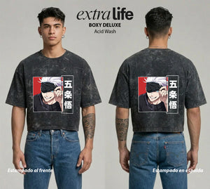 Playera streetwear premium de anime y gaming ExtraLife MX, corte boxy deluxe mineral wash heavyweight en color Acid Wash, moda urbana mexicana de culto.