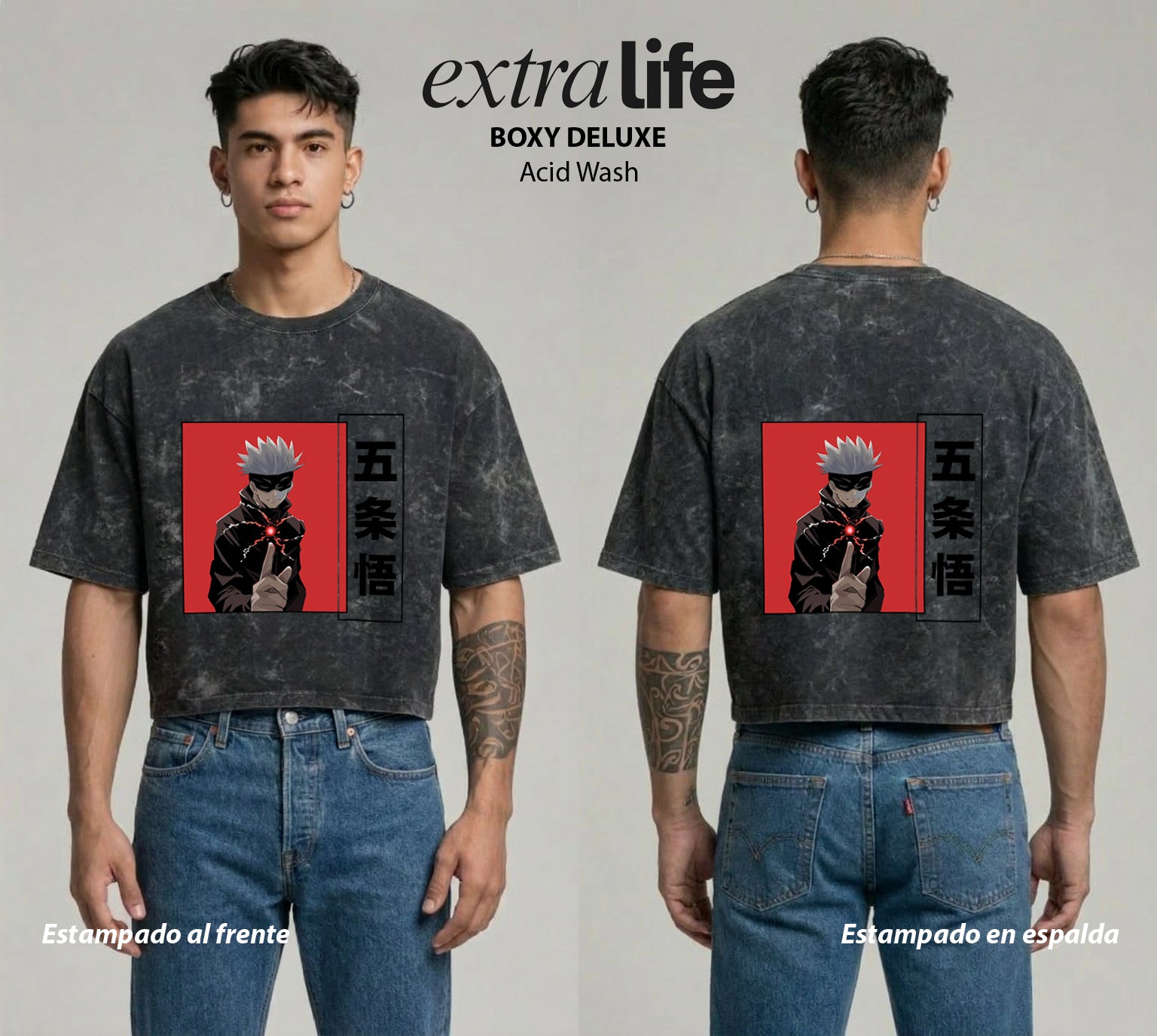 Playera streetwear premium de anime y gaming ExtraLife MX, corte boxy deluxe mineral wash heavyweight en color Acid Wash, moda urbana mexicana de culto.