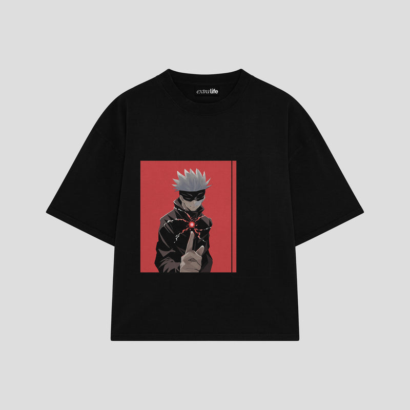 Playera streetwear premium de anime y gaming ExtraLife MX, corte boxy oversized drop shoulder heavyweight en color Deep Black y Off-White, moda urbana mexicana de culto.