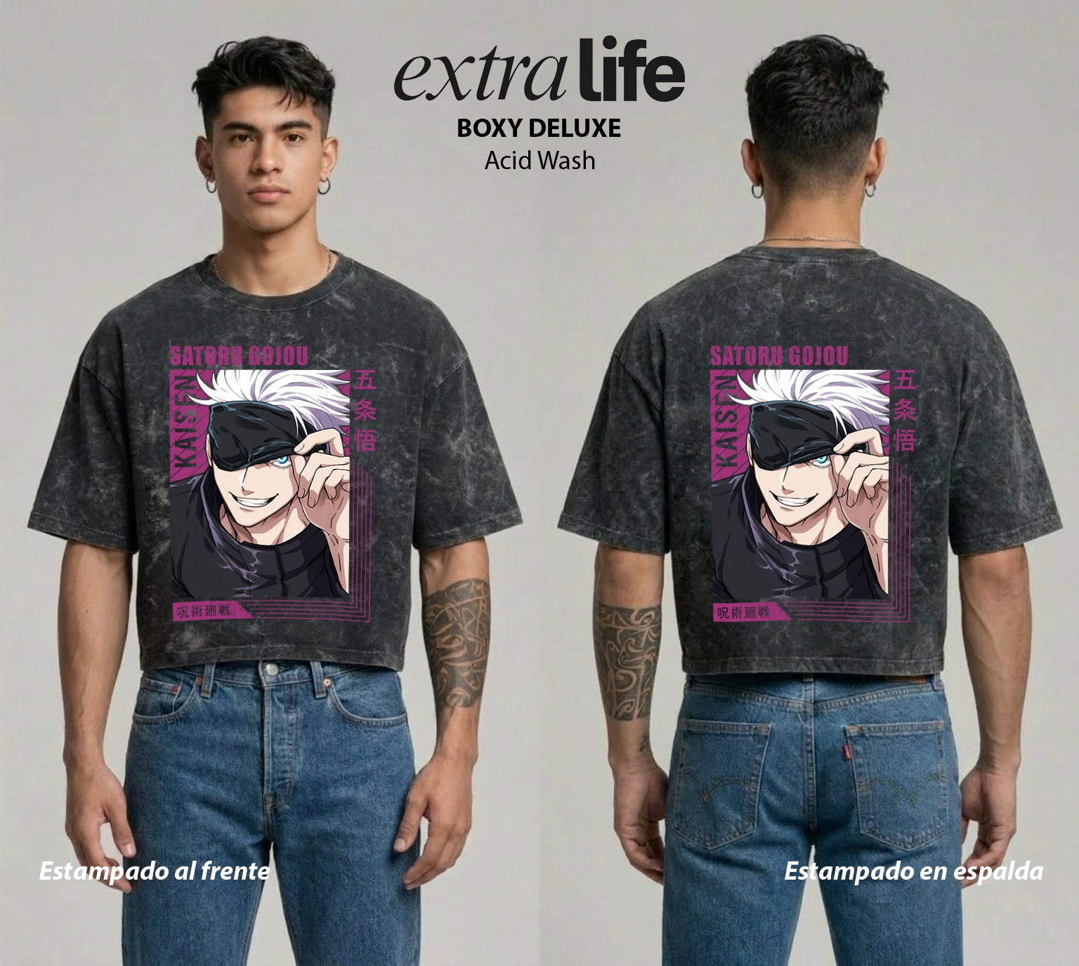 Playera streetwear premium de anime y gaming ExtraLife MX, corte boxy deluxe mineral wash heavyweight en color Acid Wash, moda urbana mexicana de culto.