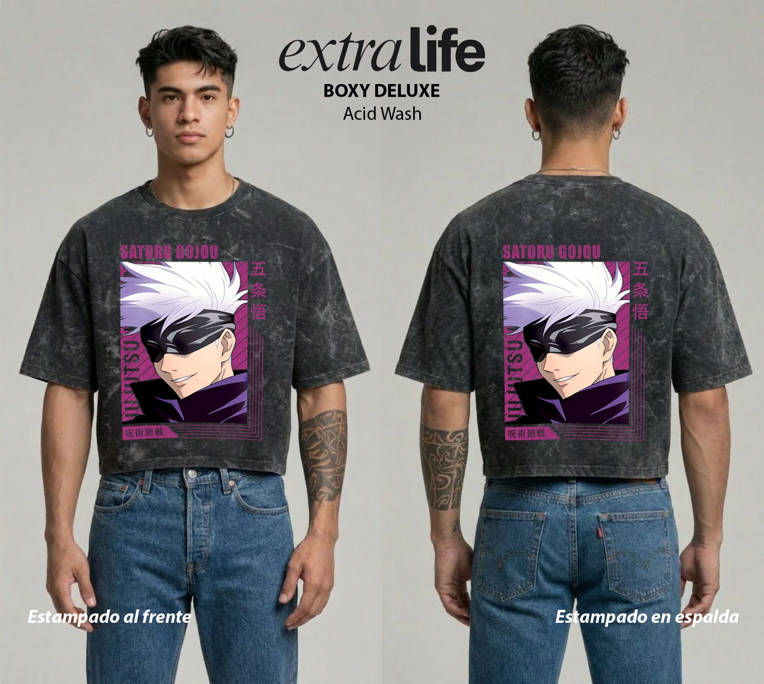 Playera streetwear premium de anime y gaming ExtraLife MX, corte boxy deluxe mineral wash heavyweight en color Acid Wash, moda urbana mexicana de culto.