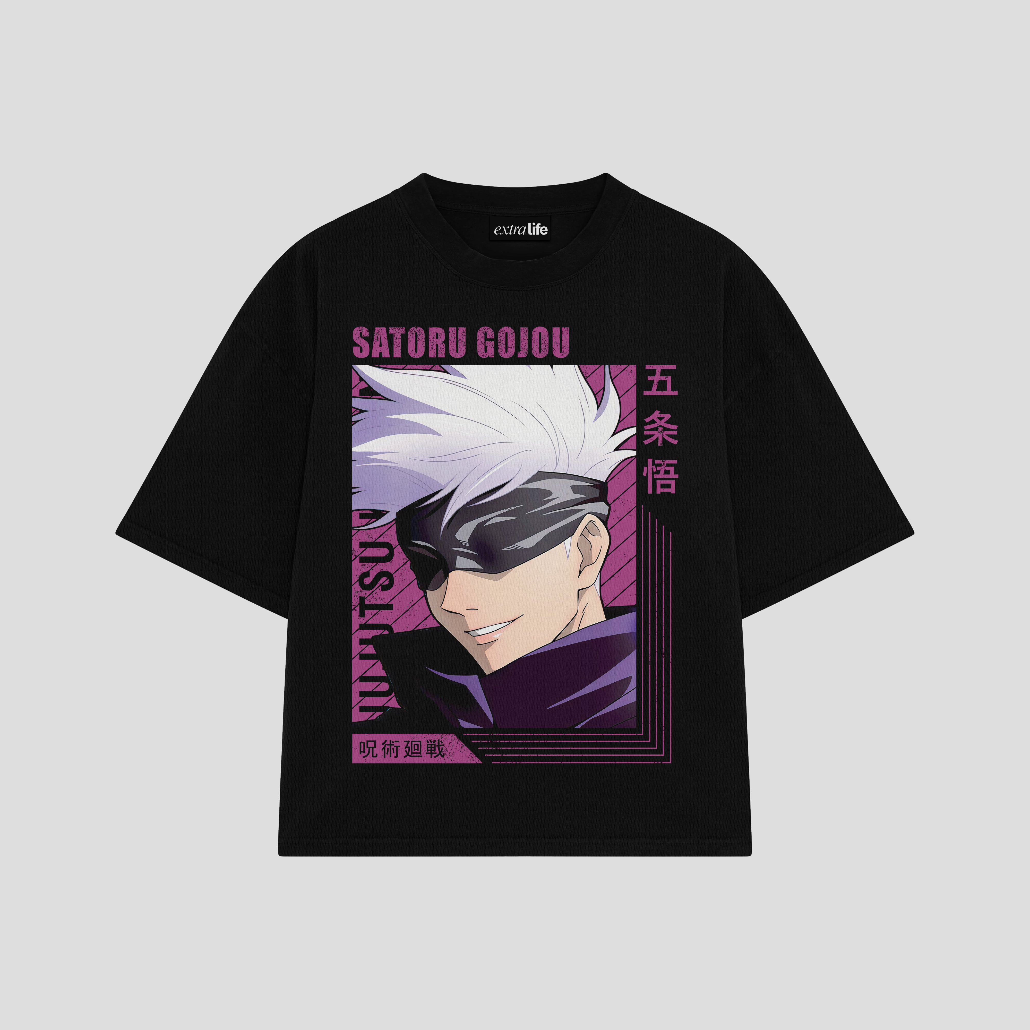 Playera streetwear premium de anime y gaming ExtraLife MX, corte boxy oversized drop shoulder heavyweight en color Deep Black y Off-White, moda urbana mexicana de culto.