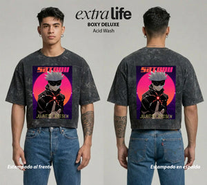Playera streetwear premium de anime y gaming ExtraLife MX, corte boxy deluxe mineral wash heavyweight en color Acid Wash, moda urbana mexicana de culto.