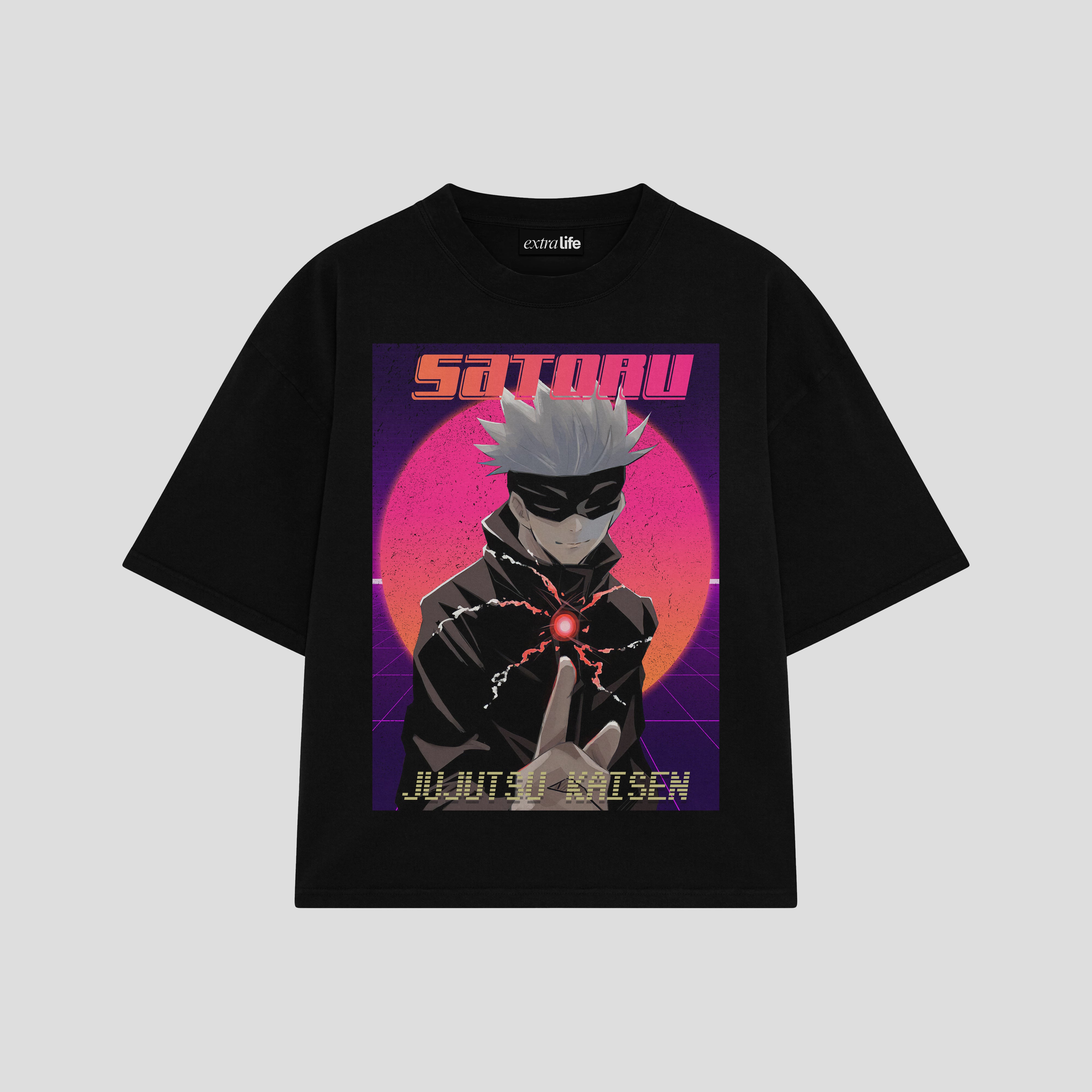 Playera streetwear premium de anime y gaming ExtraLife MX, corte boxy oversized drop shoulder heavyweight en color Deep Black y Off-White, moda urbana mexicana de culto.