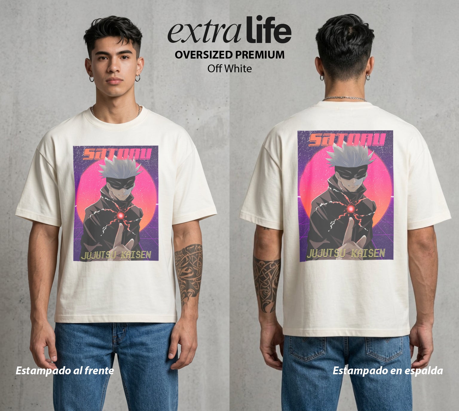 El Arte de las Maldiciones | Los Seis Ojos del Maestro #03916 - Playera Oversized Premium | Off White - Foto en modelo