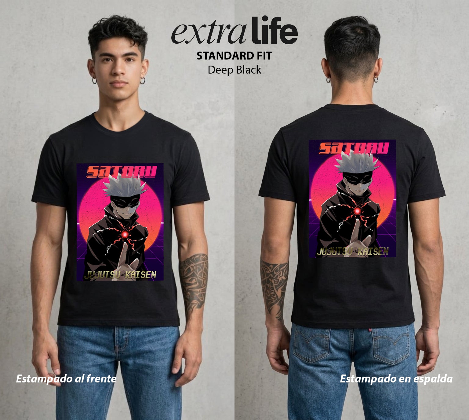 El Arte de las Maldiciones | Los Seis Ojos del Maestro #03916 - Playera Standard Fit | Deep Black - Foto en modelo