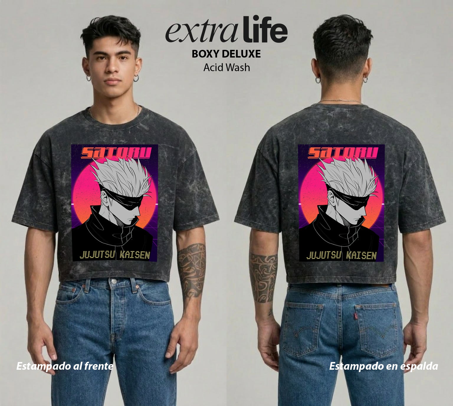 Playera streetwear premium de anime y gaming ExtraLife MX, corte boxy deluxe mineral wash heavyweight en color Acid Wash, moda urbana mexicana de culto.